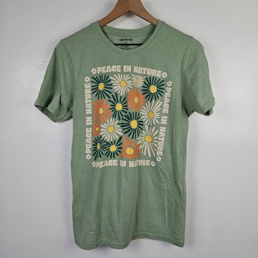 Peace In Nature Flower Graphic Tee Short Sleeve M Sage Green T-Shirt